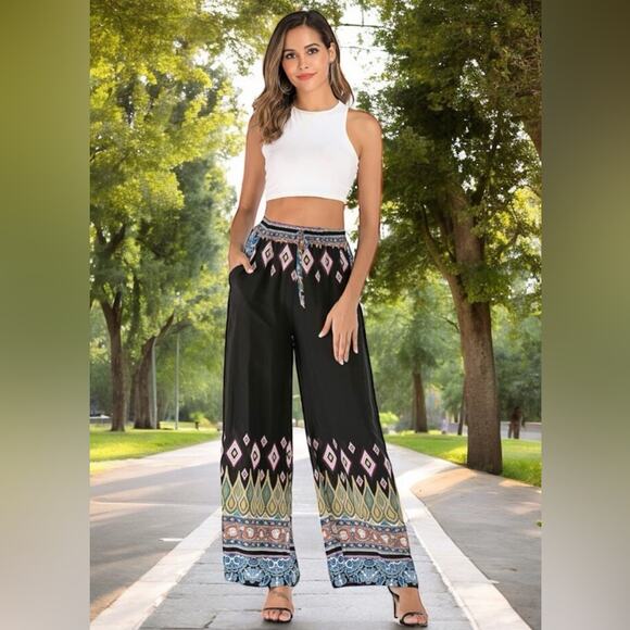 NEW Boho We Love Wide Leg Elastic High Waist Black Diamond Palazzo Pant Sz M NWT - Picture 3 of 7